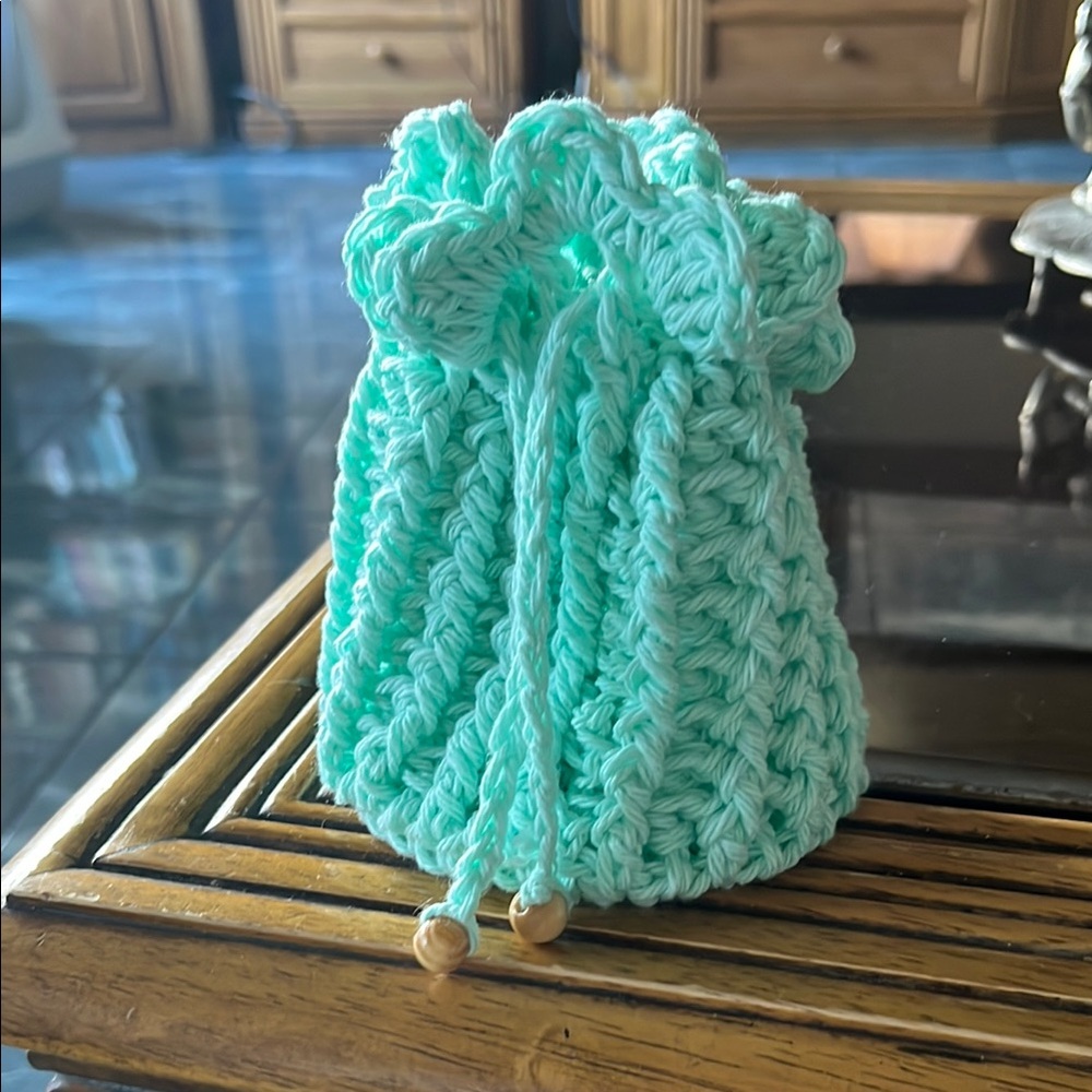Handmade Crochet Drawstring Bag in Mint Green